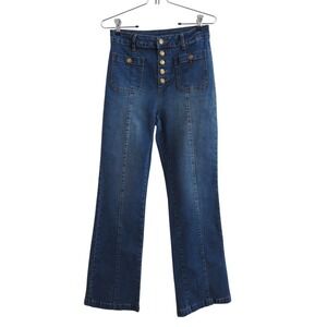 Womens M High Rise Button Fly Flare Jeans Blue Denim Patch Pocket Retro 70s Boho